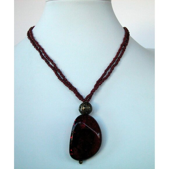 Dark Red Pendant Necklace With Wine-Colored Seed Beads & 36" Length - Picture 2 of 3